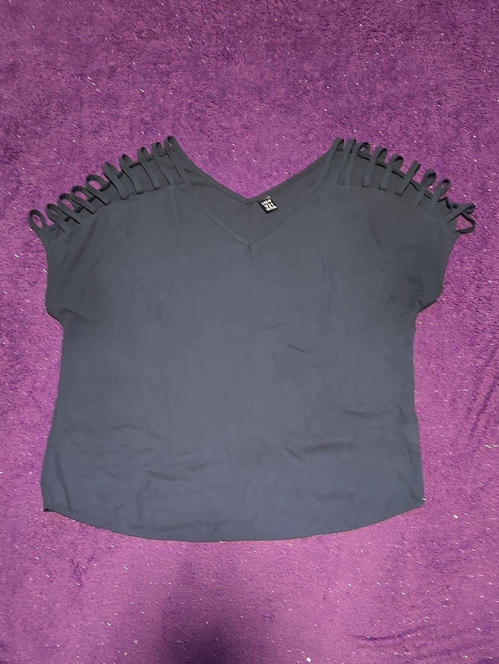 SHEIN Black V-Neck Tee with Loop Fringe Shoulders